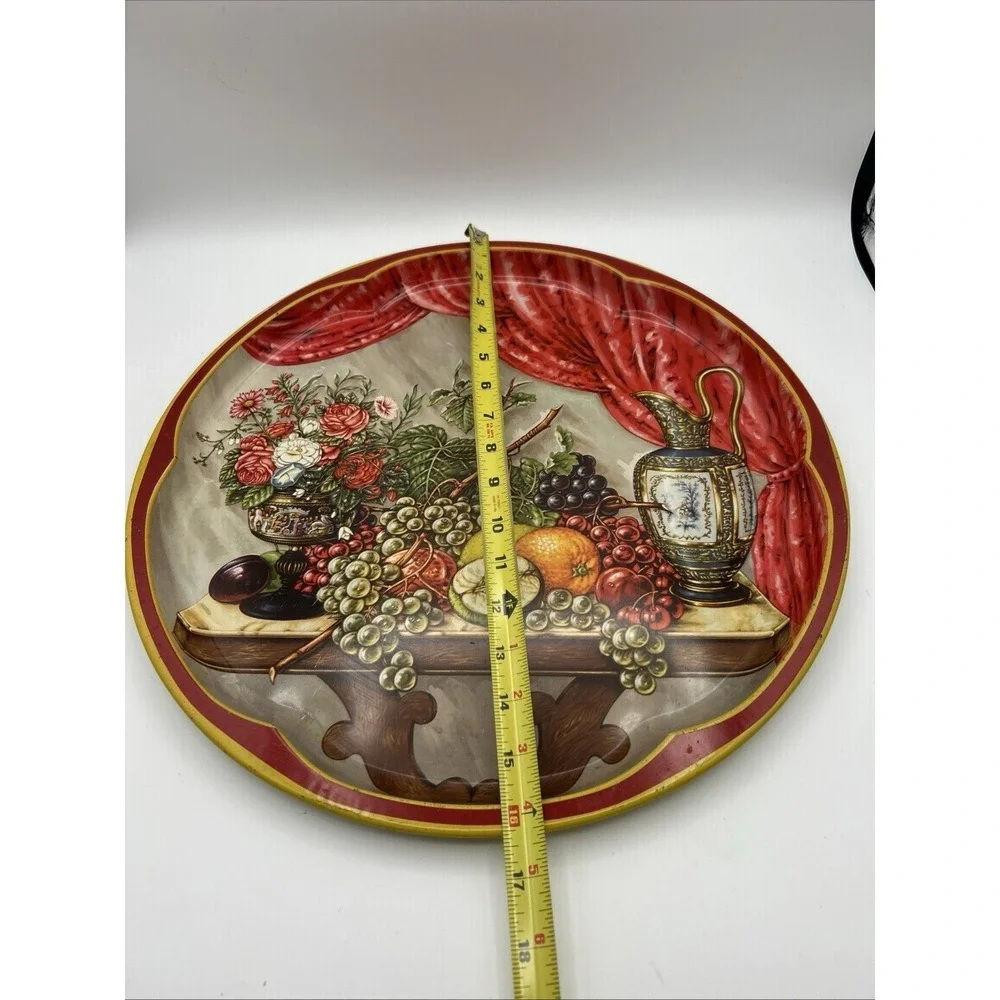 Daher Decorated Ware Serving Tray Round Large Red Gold Still Life‎ Fruit Floral
